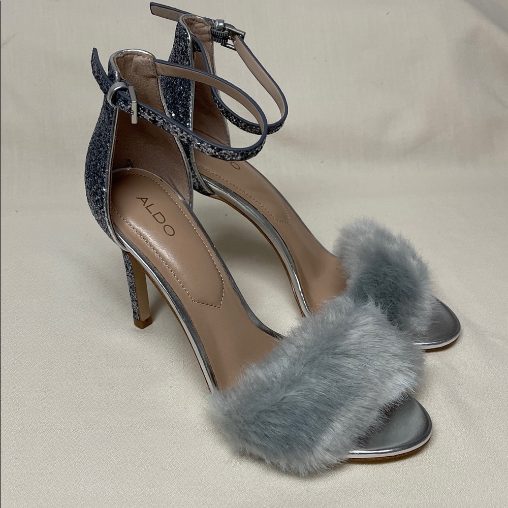 Aldo Silver and Gray Fur Stiletto Sandals